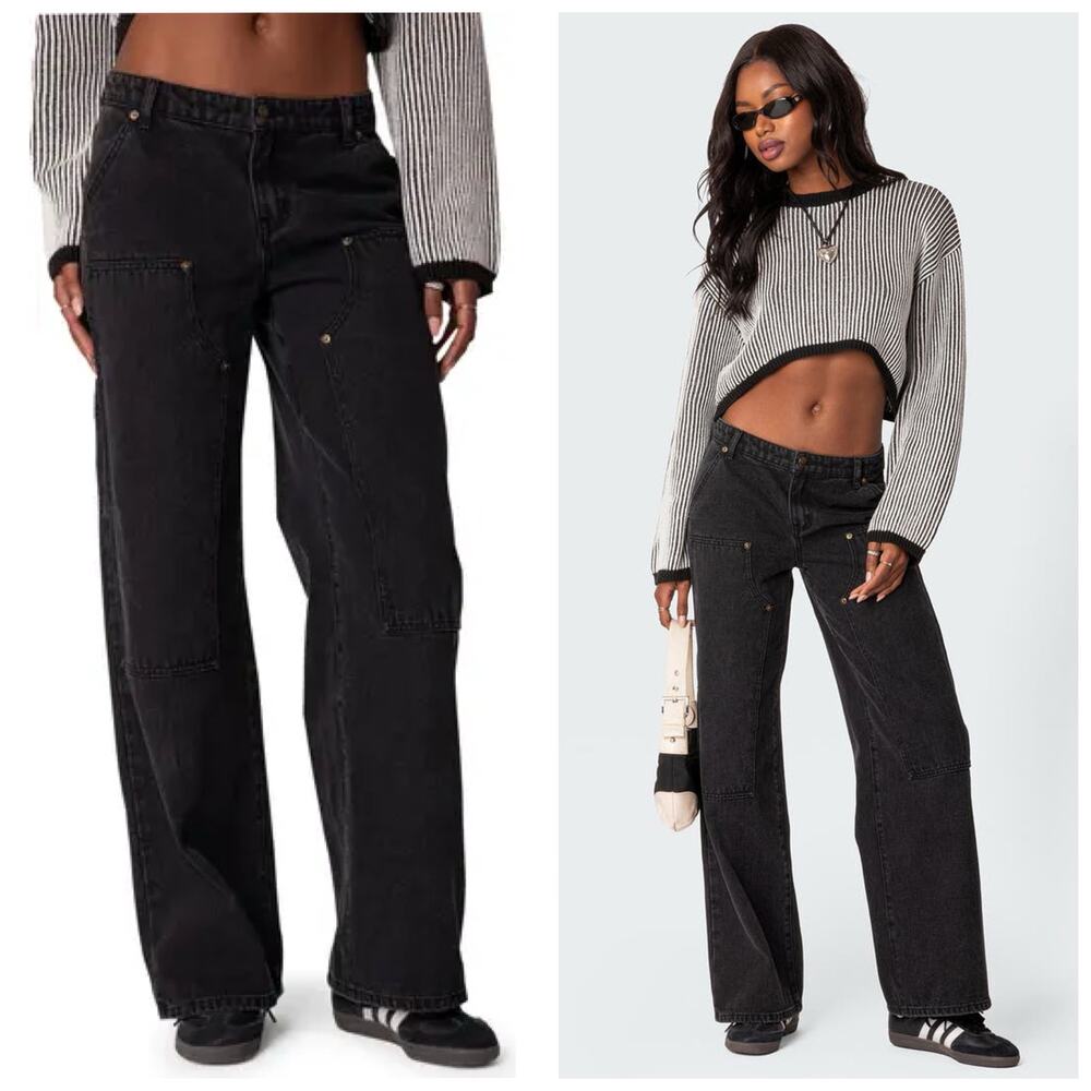Edkited Ayla Low Rise Wide Leg Carpenter Jeans Size Medium Black Washed Y2K